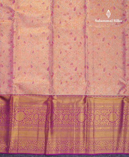 Beautiful Light Pink Tissue Bridal Pure Kanjivaram Silk Saree With Contrast Vadamalli Traditional Evening Morning Border