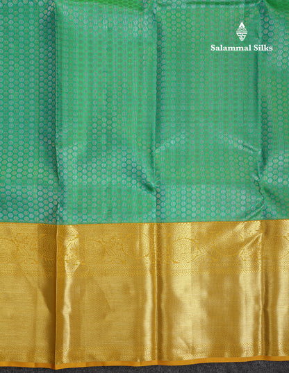 Beautiful Sapphire Green Bridal Pure Kanjivaram Silk Saree With Contrast Yellow Traditional Evening Morning Border