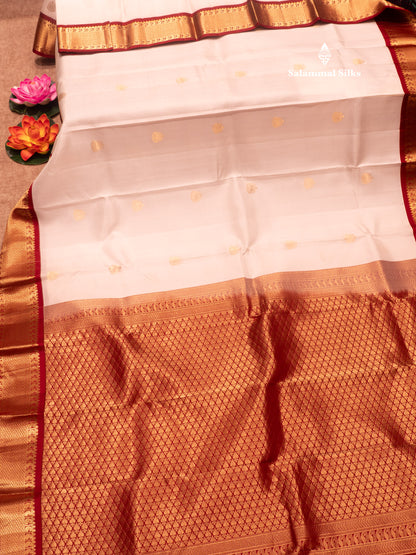 White Colour Pure Kanjivaram Silk Saree With Contrast Maroon Border