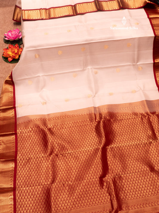 White Colour Pure Kanjivaram Silk Saree With Contrast Maroon Border