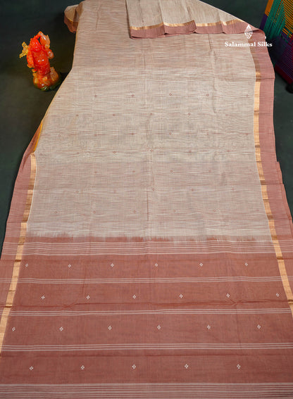 Handloom Pure Cotton Saree -  Light Beige Colour Body With Contrast Chocolate Brown Blouse