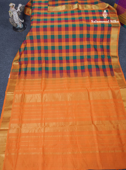 Beautiful Paalum Pazham Checks Handloom Pure Silk Cotton Saree With Contrast Mustard Yellow Blouse