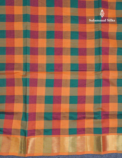 Beautiful Paalum Pazham Checks Handloom Pure Silk Cotton Saree With Contrast Mustard Yellow Blouse