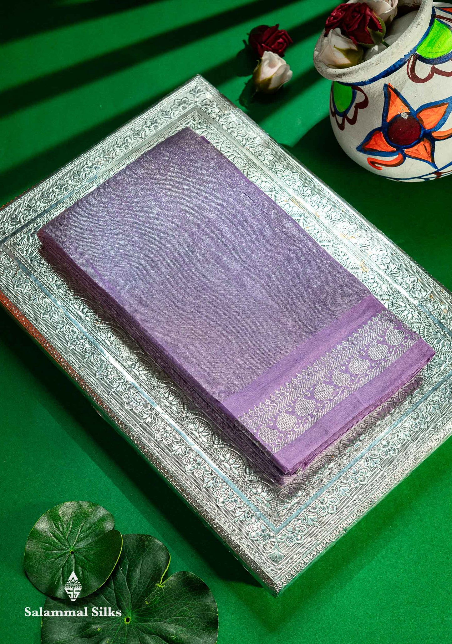 Stunning Pastel Violet Tissue Sungudi Cotton Saree With Small Traditional Silver Zari Border