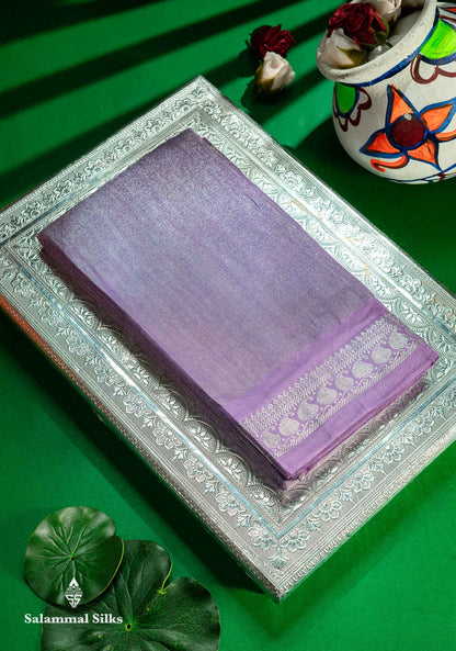 Stunning Pastel Violet Tissue Sungudi Cotton Saree With Small Traditional Silver Zari Border