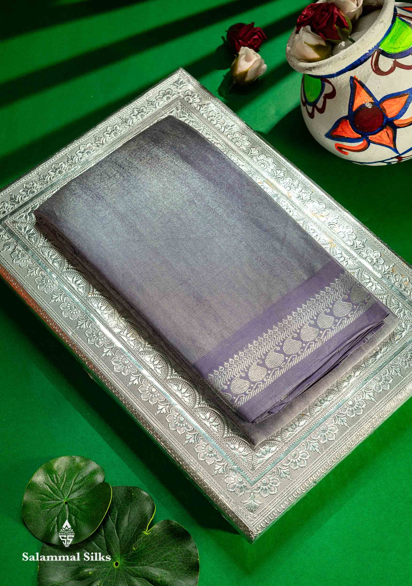 Stunning Pastel Violet Tissue Sungudi Cotton Saree With Small Traditional Silver Zari Border