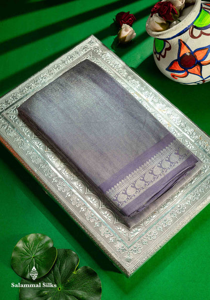 Stunning Pastel Violet Tissue Sungudi Cotton Saree With Small Traditional Silver Zari Border