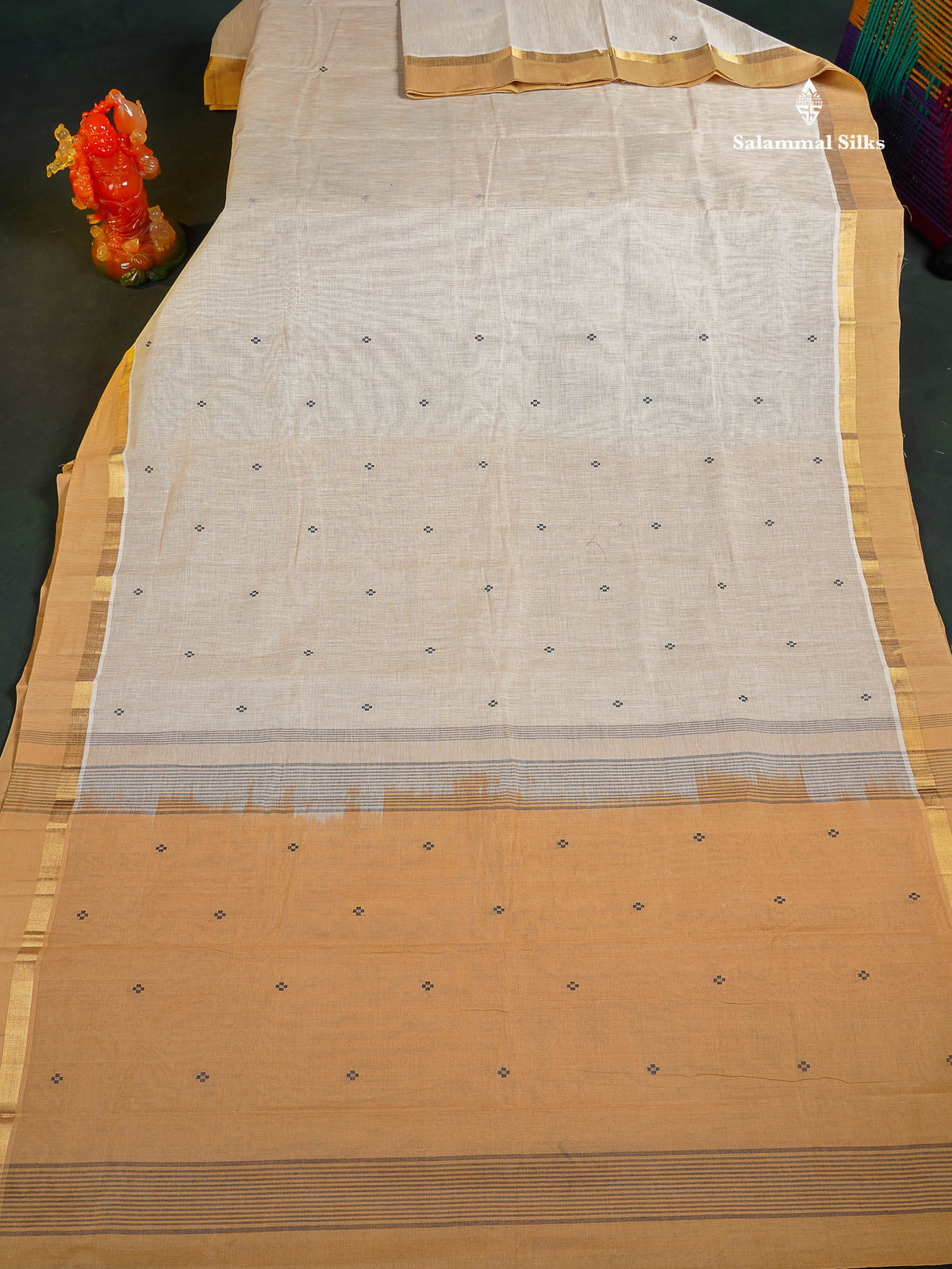 Handloom Pure Cotton Saree -  Half White Colour Body With Contrast Sandal Blouse
