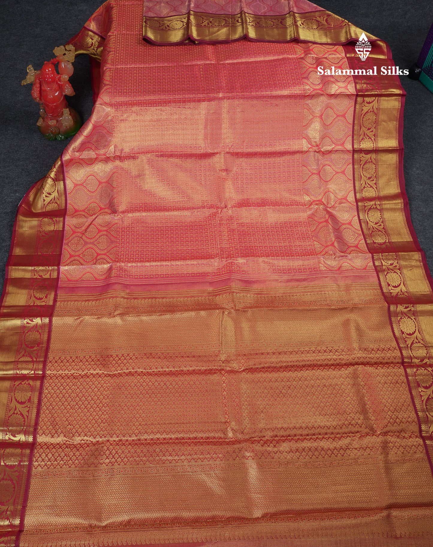 Beautiful Pinkish Peach Small Checks With Butta Tissue Bridal Pure Kanjivaram Silk Saree With Contrast Maroon Border