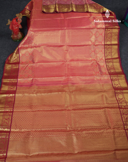 Beautiful Pinkish Peach Small Checks With Butta Tissue Bridal Pure Kanjivaram Silk Saree With Contrast Maroon Border