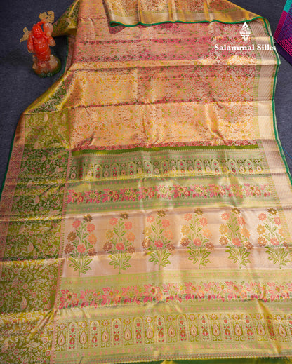 Beautiful Orange Tissue Bridal Pure Kanjivaram Silk Saree With Contrast Green Fancy Evening Morning Border