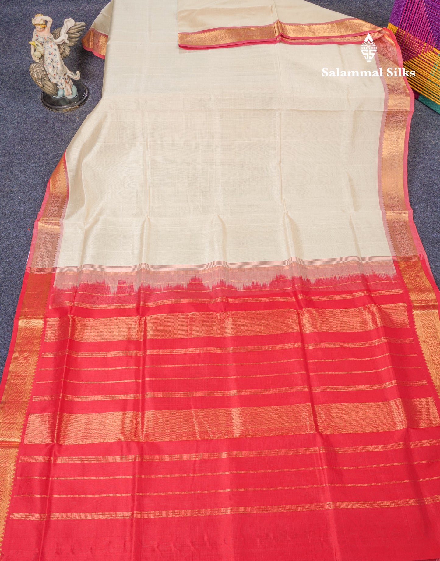 Half White Plain Pure Silk Cotton Saree With Contrast Chilly Red Blouse
