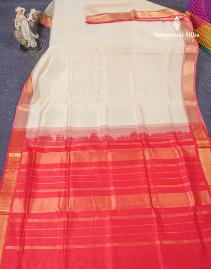 Half White Plain Pure Silk Cotton Saree With Contrast Chilly Red Blouse