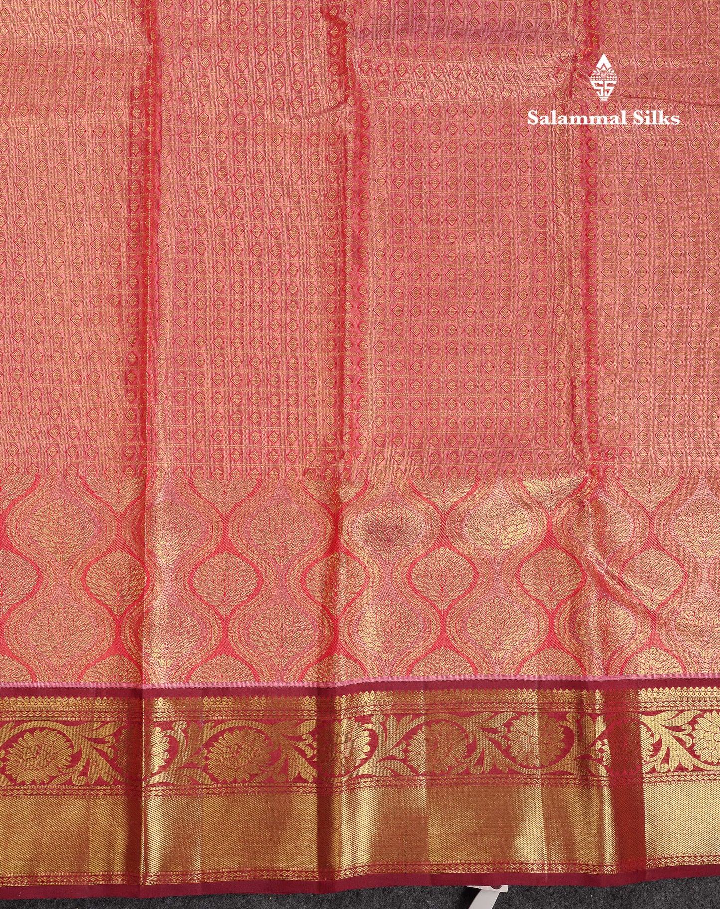Beautiful Pinkish Peach Small Checks With Butta Tissue Bridal Pure Kanjivaram Silk Saree With Contrast Maroon Border