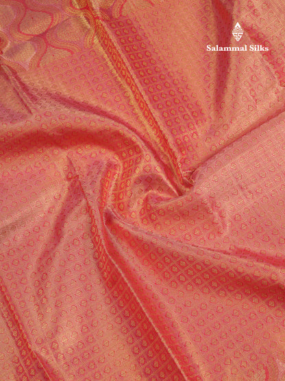 Beautiful Pinkish Peach Small Checks With Butta Tissue Bridal Pure Kanjivaram Silk Saree With Contrast Maroon Border