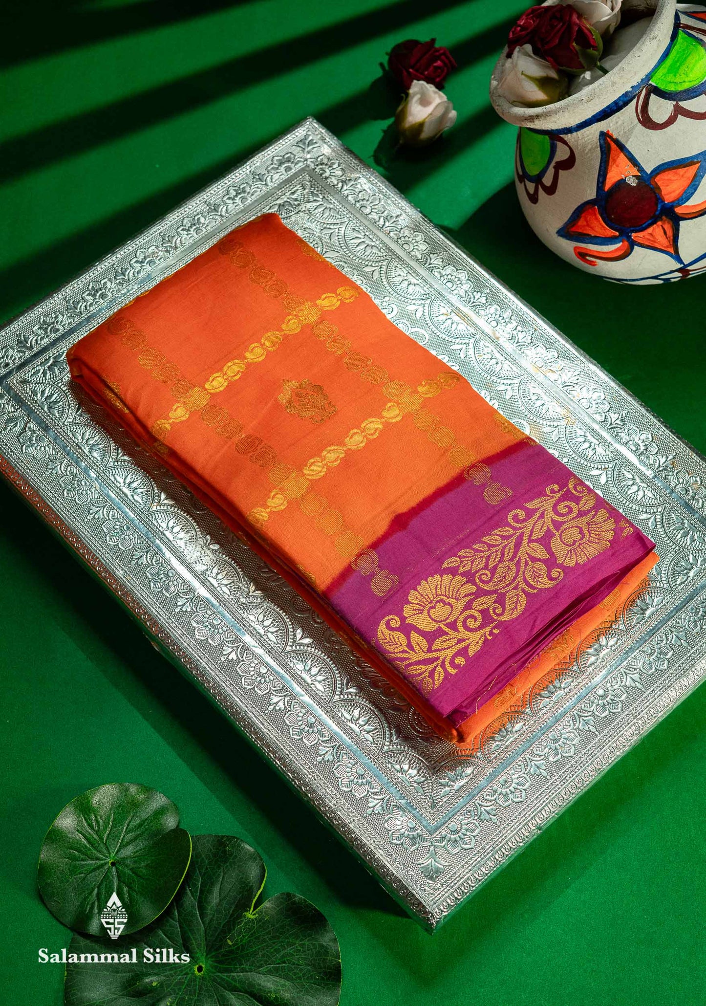 Beautiful Orange Zari Checks With Butta Pure Sungudi Cotton Saree With Contrast Magenta Traditional Small Border