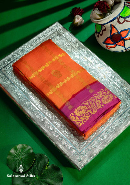 Beautiful Orange Zari Checks With Butta Pure Sungudi Cotton Saree With Contrast Magenta Traditional Small Border