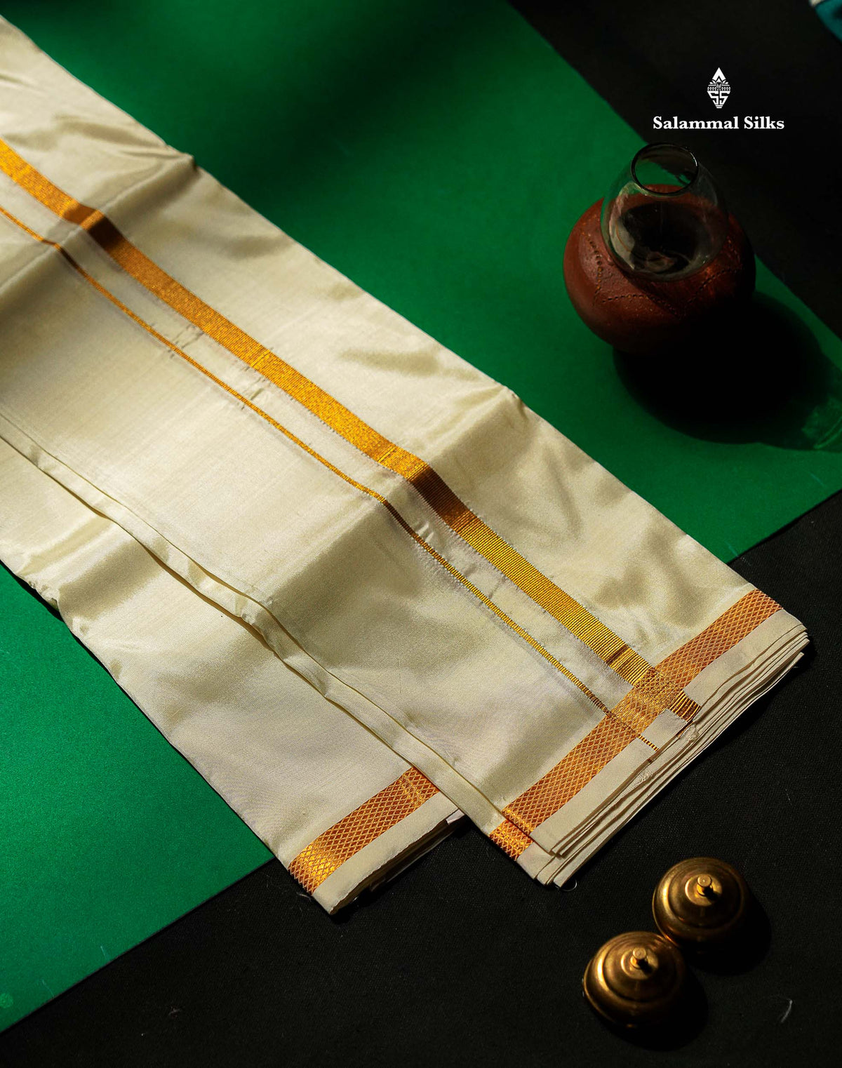 Beautiful Cream White Asha Mix 8 Muzham Dhoti With Gold Zari Border