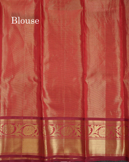 Beautiful Pinkish Peach Small Checks With Butta Tissue Bridal Pure Kanjivaram Silk Saree With Contrast Maroon Border