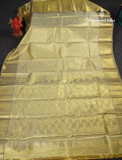 Beautiful Gold Tissue Bridal Pure Kanjivaram Silk Saree With Contrast Grey Traditional Border