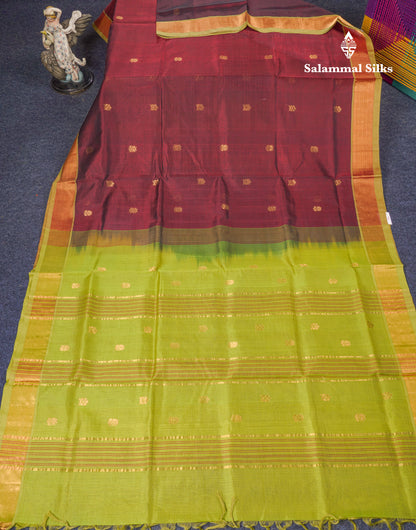 Dark Maroon Pure Silk Cotton Saree With Contrast Parrot Green Blouse