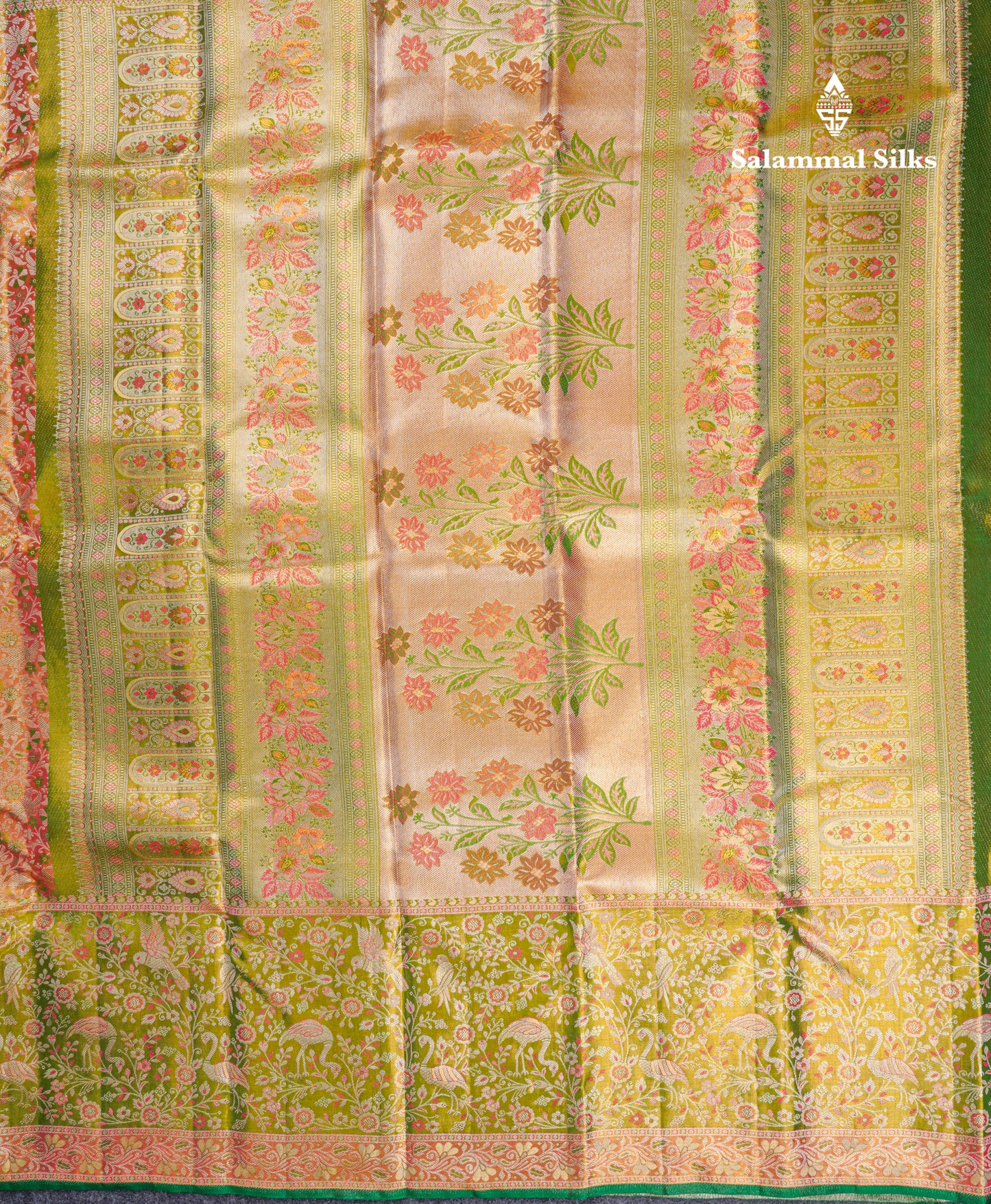 Beautiful Orange Tissue Bridal Pure Kanjivaram Silk Saree With Contrast Green Fancy Evening Morning Border
