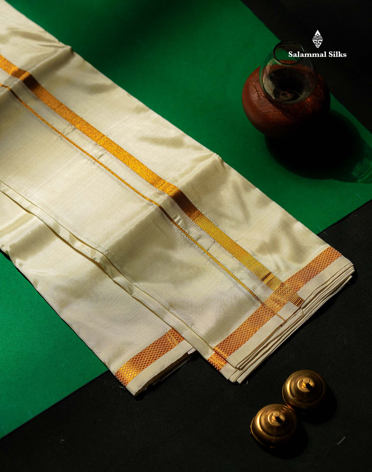 Beautiful Cream White Pure Mix 8 Muzham Dhoti With Gold Zari Small Border