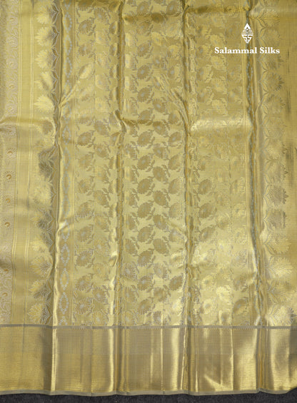 Beautiful Gold Tissue Bridal Pure Kanjivaram Silk Saree With Contrast Grey Traditional Border