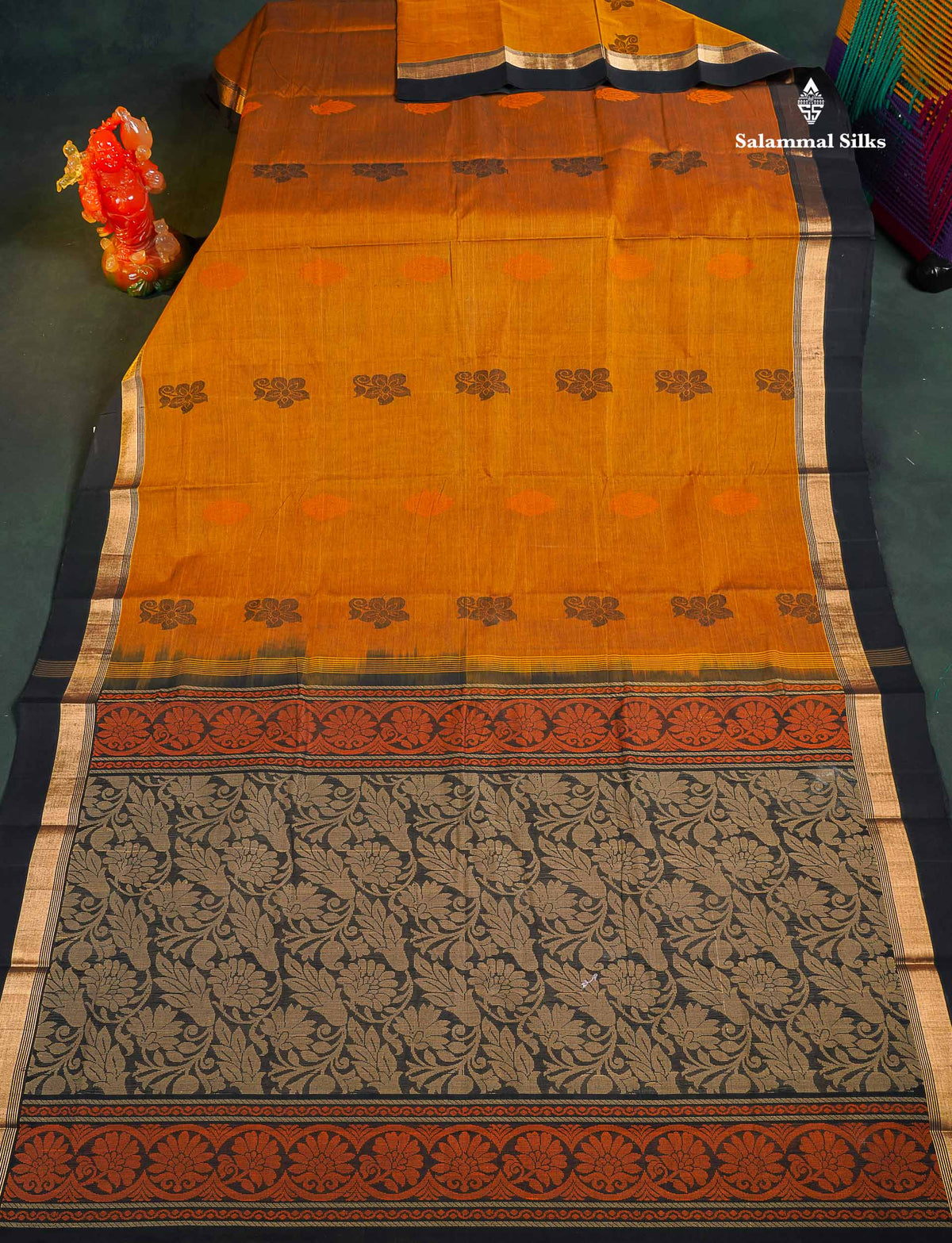 Handloom Pure Cotton Saree -  Mustard Yellow Colour Body With Contrast Black Border