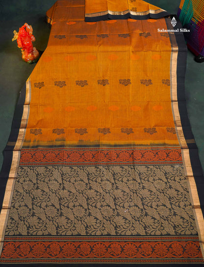 Handloom Pure Cotton Saree -  Mustard Yellow Colour Body With Contrast Black Border