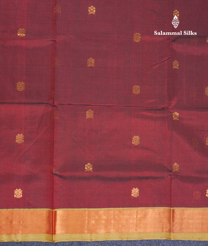 Dark Maroon Pure Silk Cotton Saree With Contrast Parrot Green Blouse