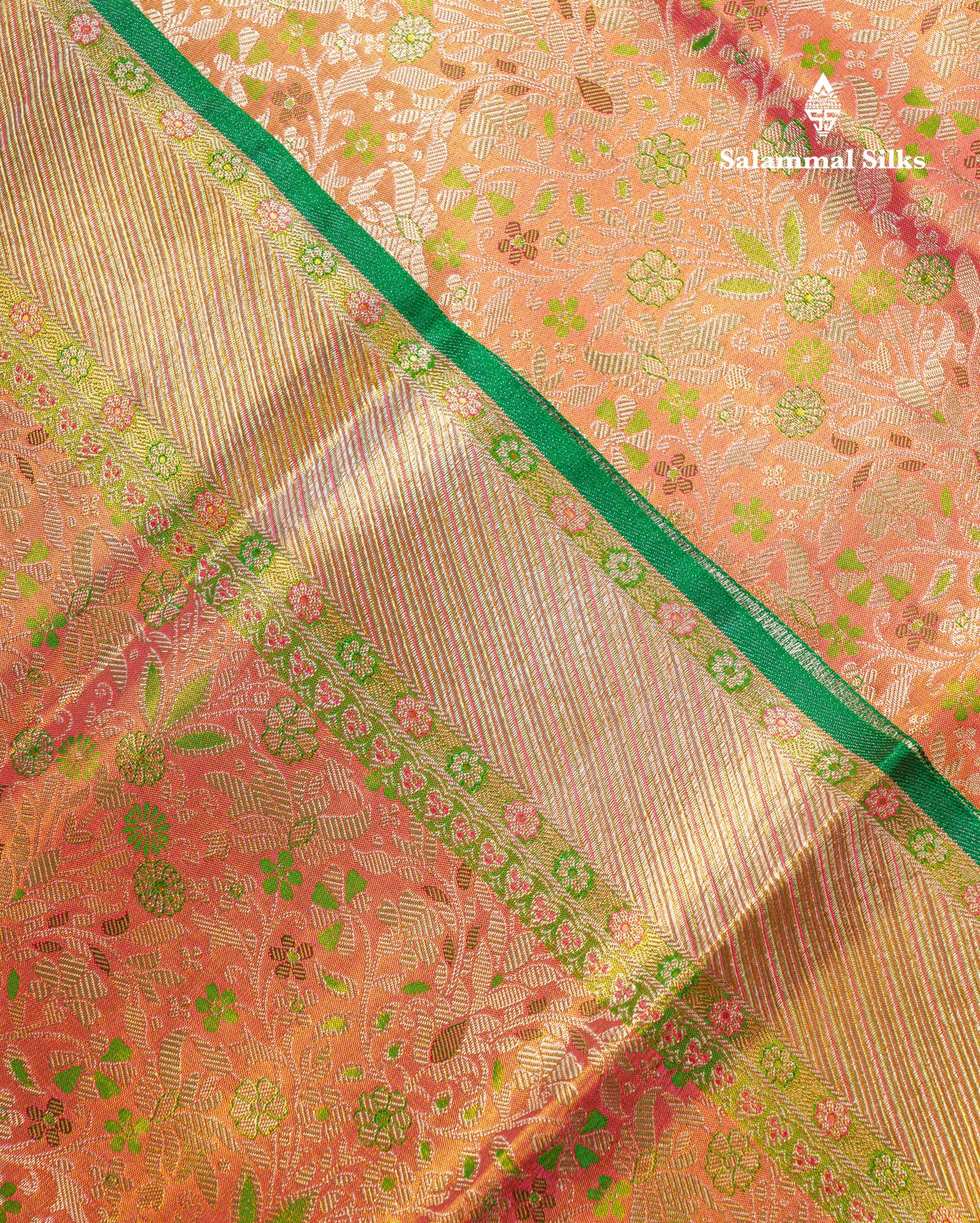 Beautiful Orange Tissue Bridal Pure Kanjivaram Silk Saree With Contrast Green Fancy Evening Morning Border