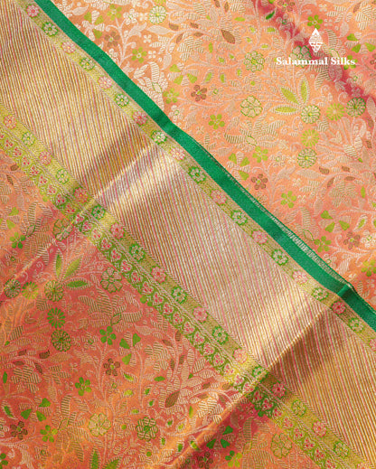 Beautiful Orange Tissue Bridal Pure Kanjivaram Silk Saree With Contrast Green Fancy Evening Morning Border