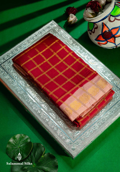 Beautiful Chilly Red Zari Checks Sungudi Cotton Saree With Contrast Light Pink Traditional Border