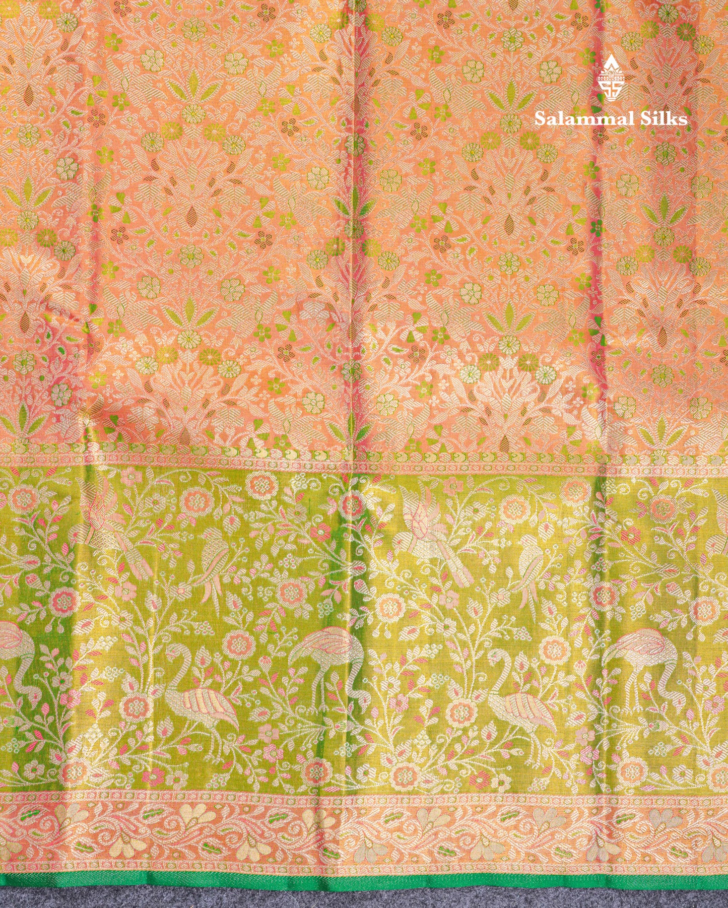 Beautiful Orange Tissue Bridal Pure Kanjivaram Silk Saree With Contrast Green Fancy Evening Morning Border