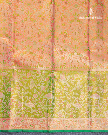 Beautiful Orange Tissue Bridal Pure Kanjivaram Silk Saree With Contrast Green Fancy Evening Morning Border