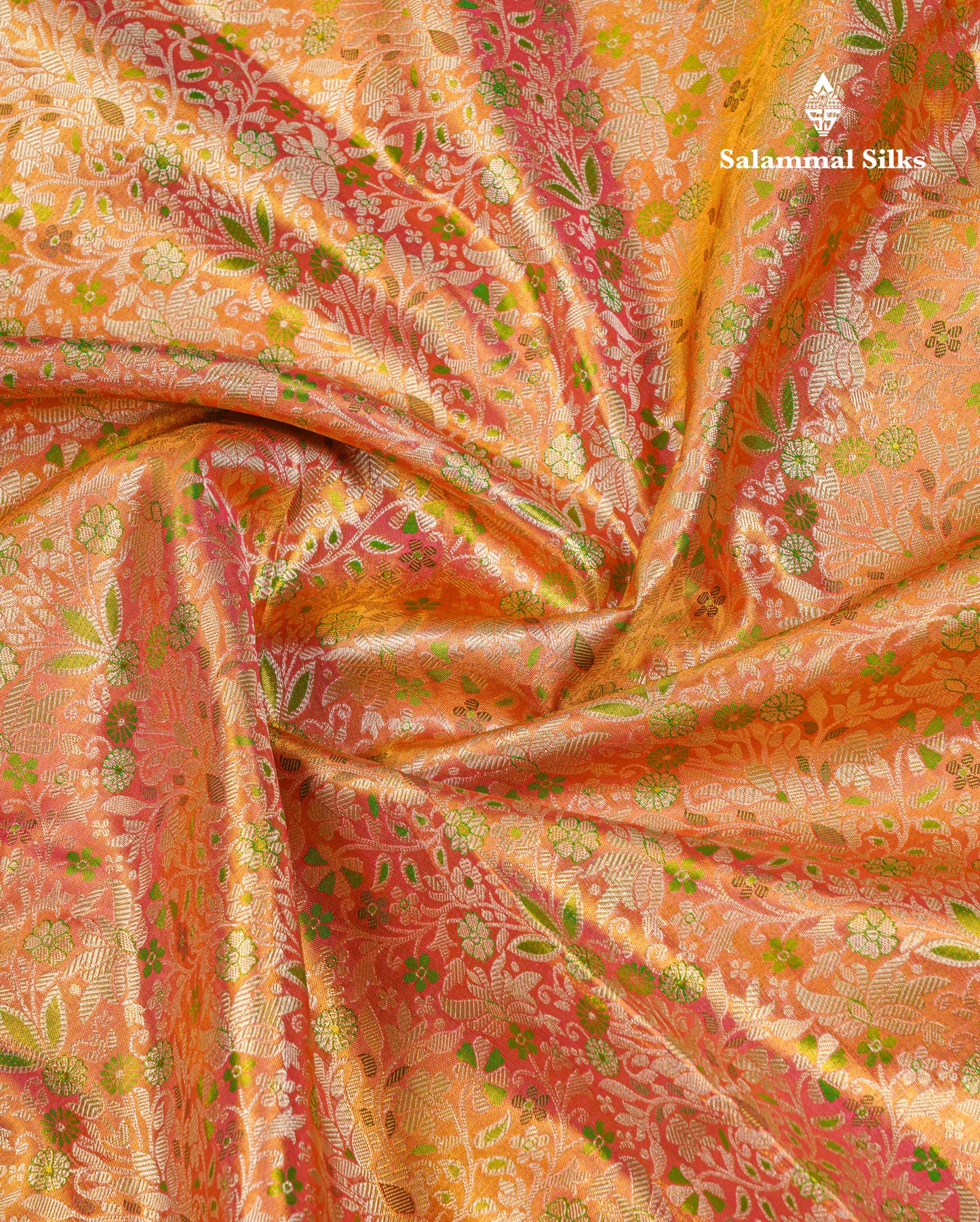 Beautiful Orange Tissue Bridal Pure Kanjivaram Silk Saree With Contrast Green Fancy Evening Morning Border