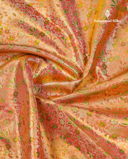 Beautiful Orange Tissue Bridal Pure Kanjivaram Silk Saree With Contrast Green Fancy Evening Morning Border