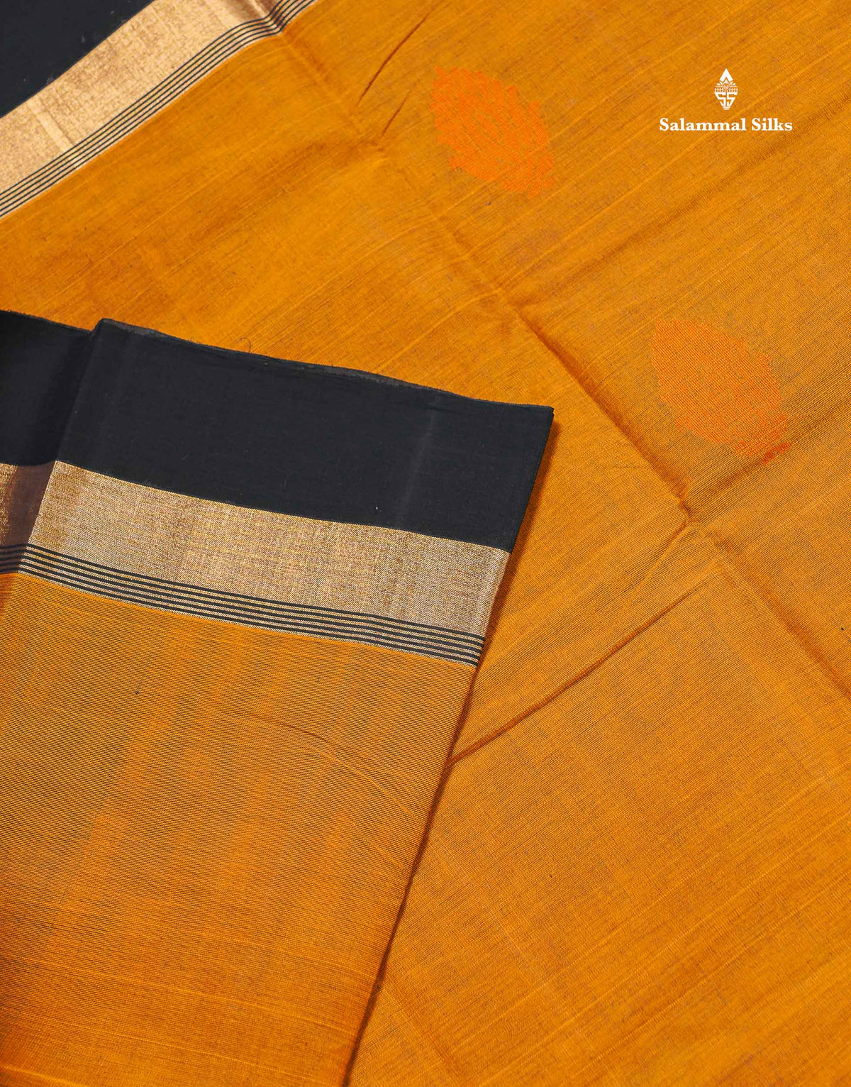 Handloom Pure Cotton Saree -  Mustard Yellow Colour Body With Contrast Black Border