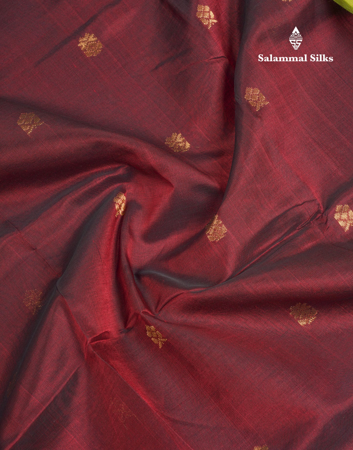 Dark Maroon Pure Silk Cotton Saree With Contrast Parrot Green Blouse
