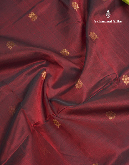 Dark Maroon Pure Silk Cotton Saree With Contrast Parrot Green Blouse