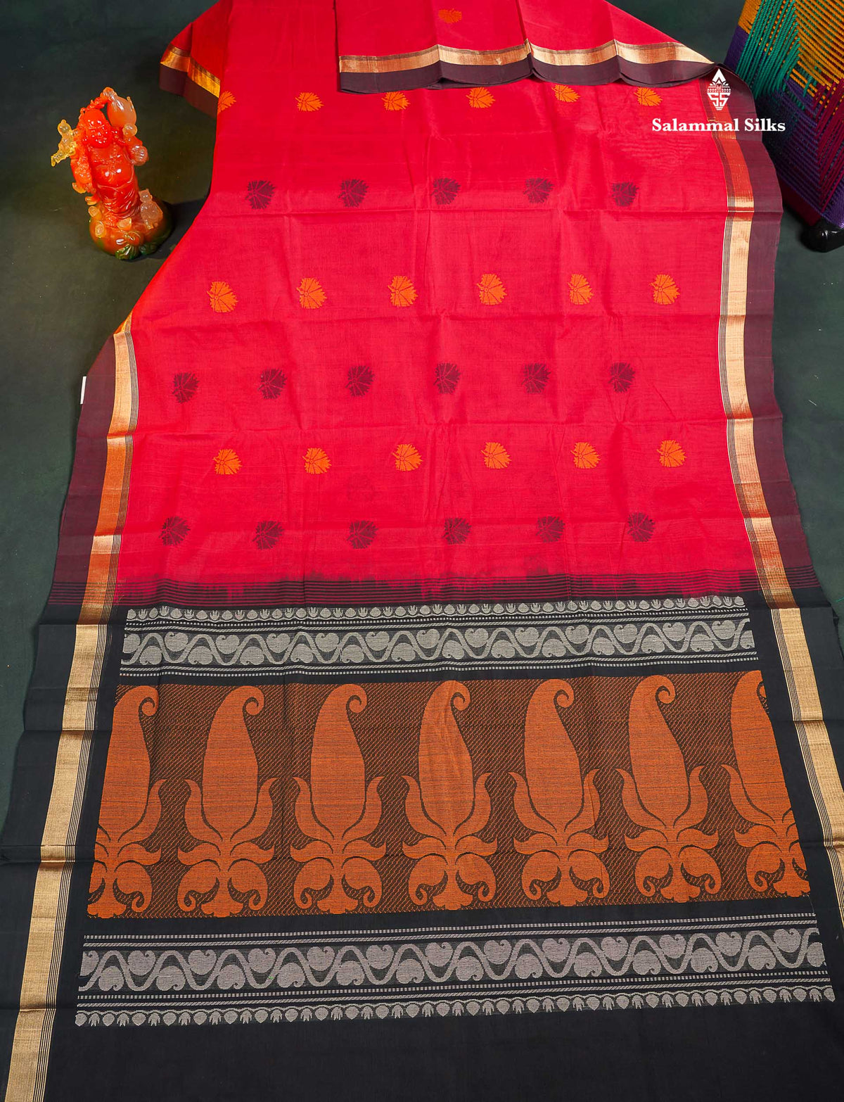 Handloom Pure Cotton Saree -  Dual Tone Red Colour Body With Contrast Black Blouse 