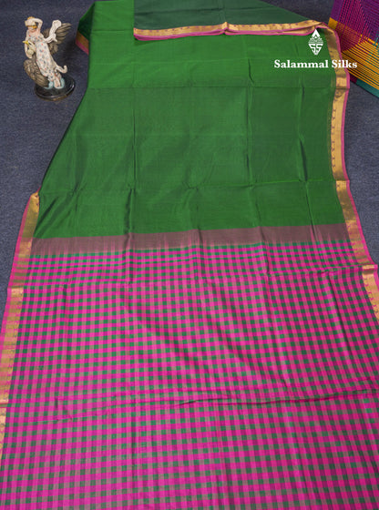 Bottle Green Plain Pure Silk Cotton Saree With Contrast Paalum Pazham Checks Blouse
