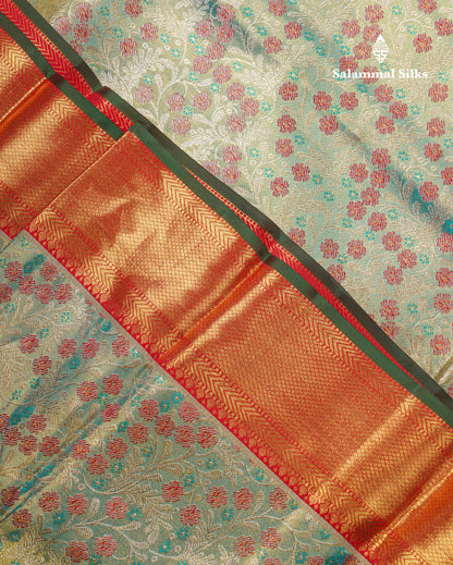 Beautiful Pastel Blue Bridal Pure Kanjivaram Silk Saree With Contrast Chilly Red Traditional Evening Morning Border