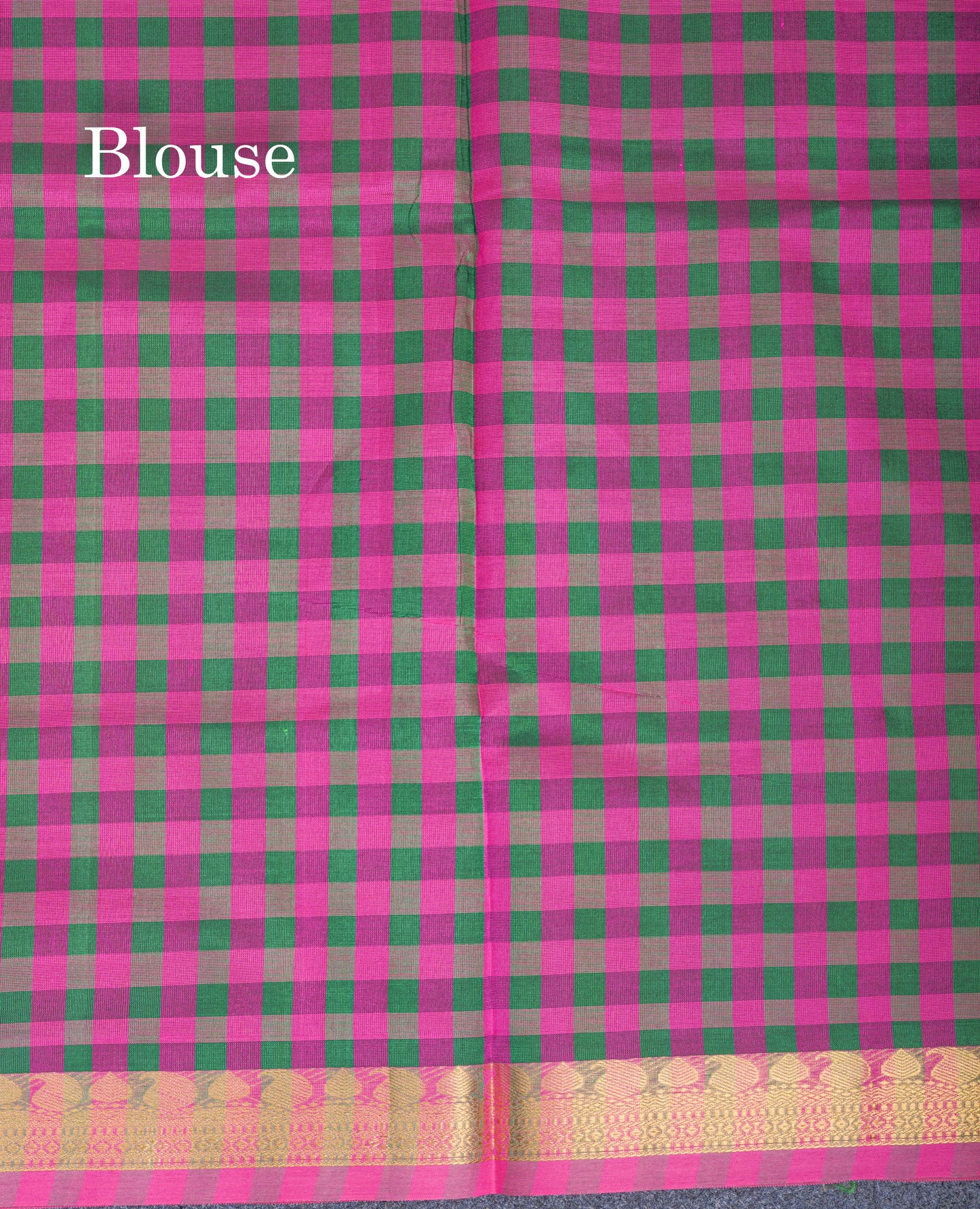 Bottle Green Plain Pure Silk Cotton Saree With Contrast Paalum Pazham Checks Blouse