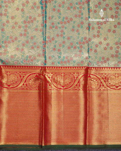 Beautiful Pastel Blue Bridal Pure Kanjivaram Silk Saree With Contrast Chilly Red Traditional Evening Morning Border