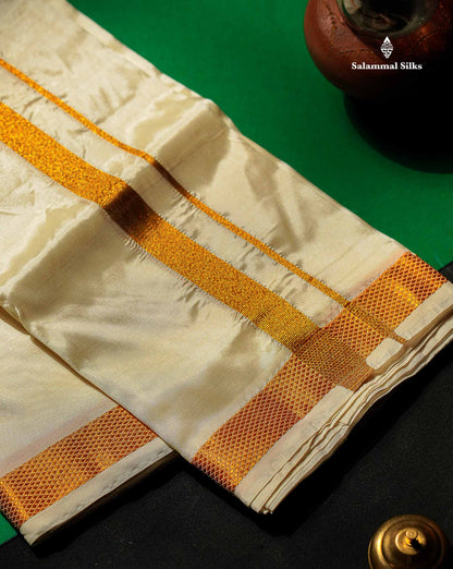 Pure Mix Dhoti - Cream White With Gold Zari Border | 8 Muzham 
