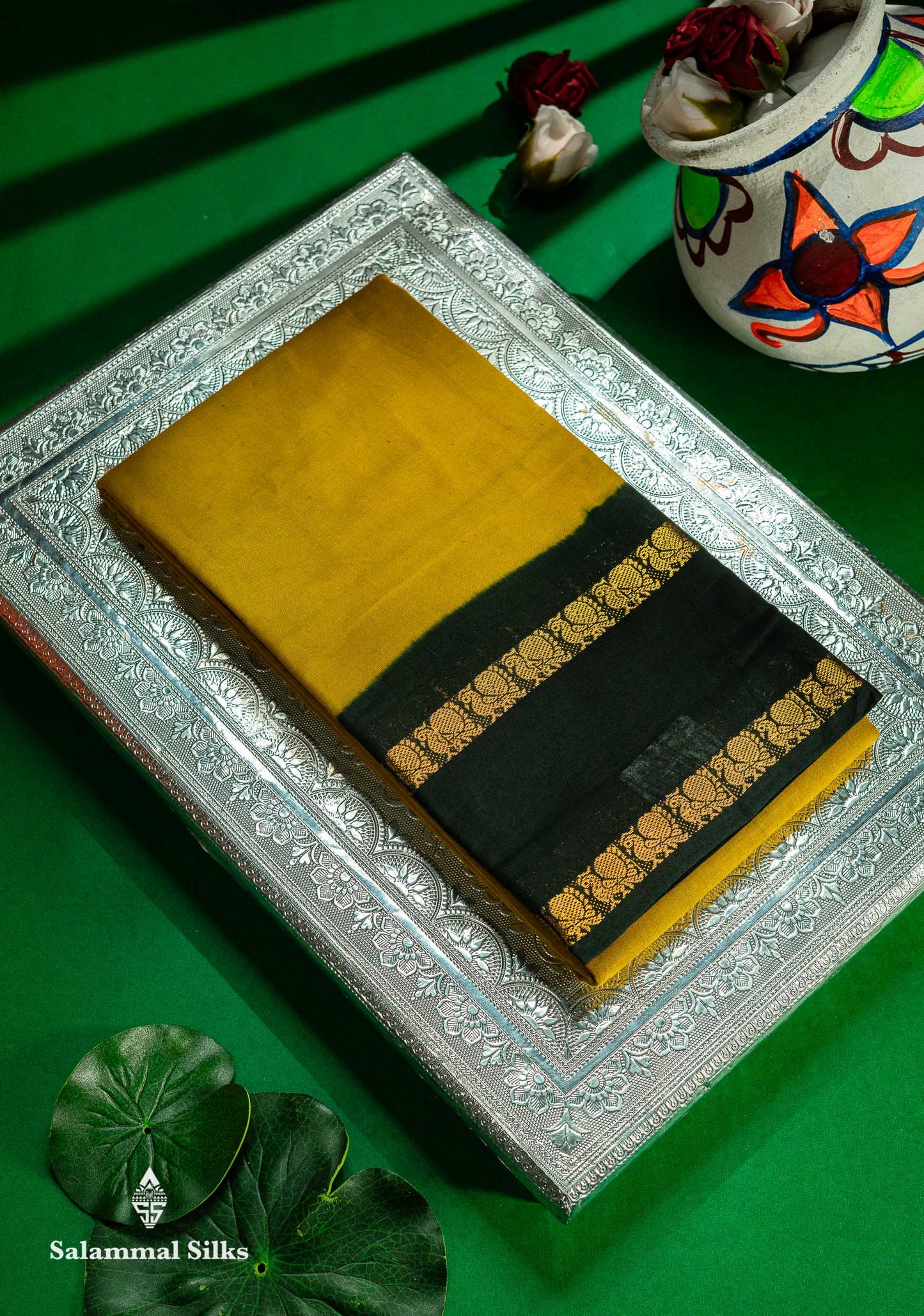 Beautiful Mustard Yellow Sungudi Cotton Saree With Contrast Dark Bottle Green Traditional Gap Border