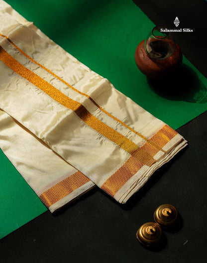 Pure Mix Dhoti - Cream White With Gold Zari Border | 8 Muzham