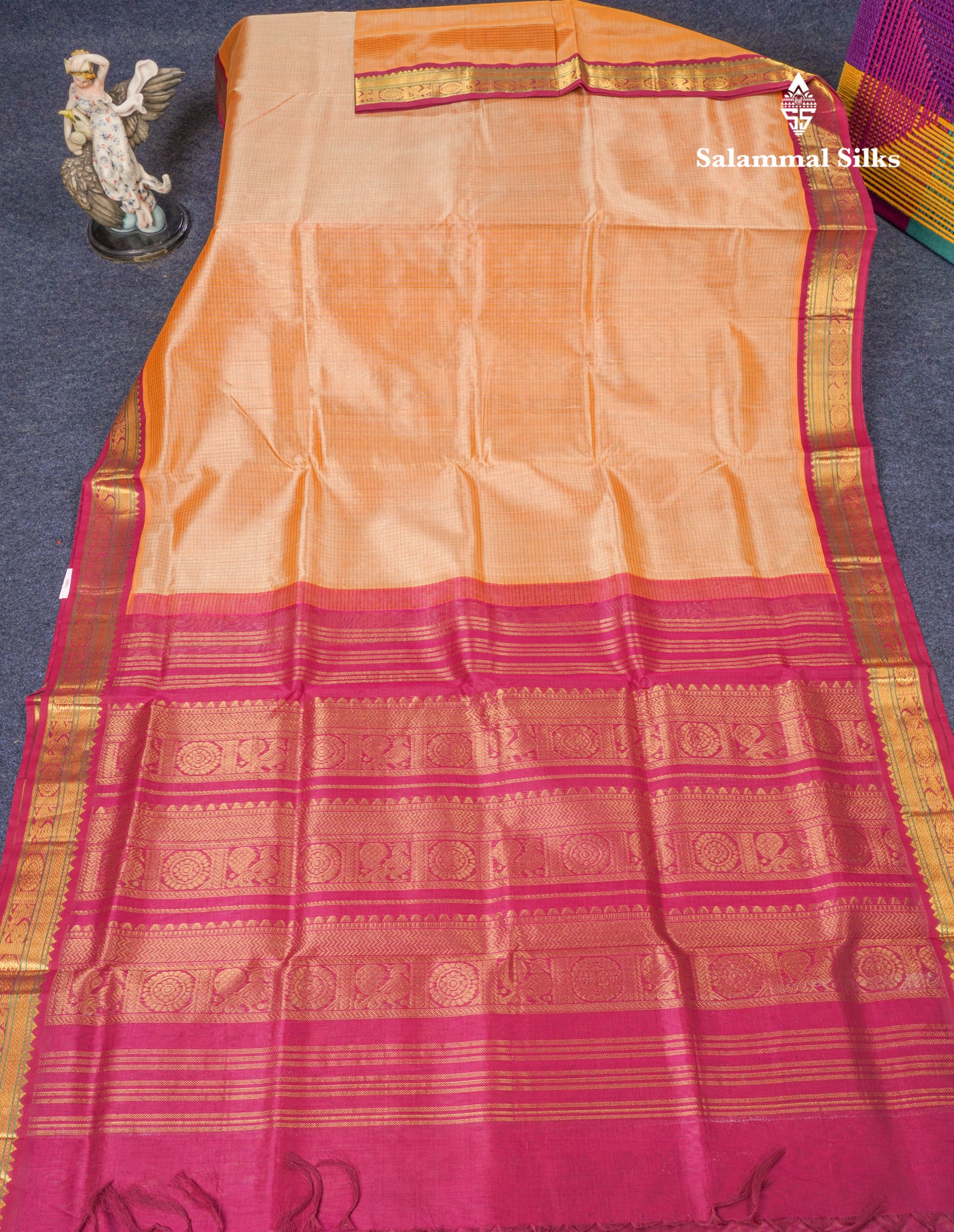 Dark Sandal Tiny Checks Pure Silk Cotton Saree With Contrast Magenta Traditional Border
